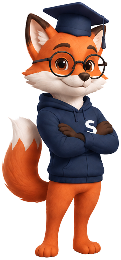 Stipi, der Stipendienfuchs – Maskottchen von Stipendio mit Doktorhut und Brille